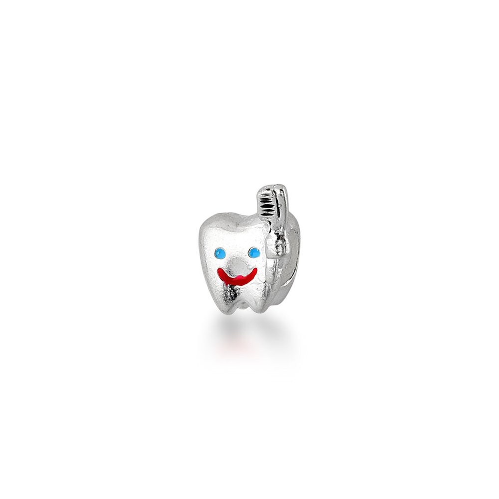 Berloque Dente Feliz com Escova em Prata 925 - Charme Dental para Pulseiras