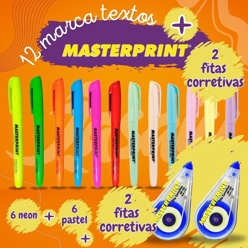 Kit 12 Canetas Marca Texto 6 Neon 6 Pastel + 2 fitas Corretivas Masterprint em Oferta na Shopee