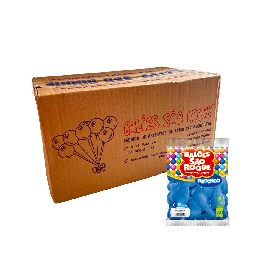 Balão de Festa Látex Liso 8'' - Azul Turquesa - Caixa com 25 pacotes - 1250 unidades - São Roque - Rizzo
