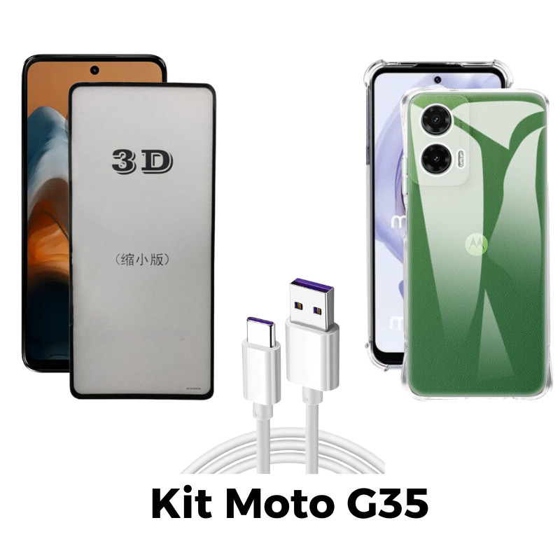 Kit Capa Transparente + Película 3D + Cabo USB Tipo C para Motorola Moto G35