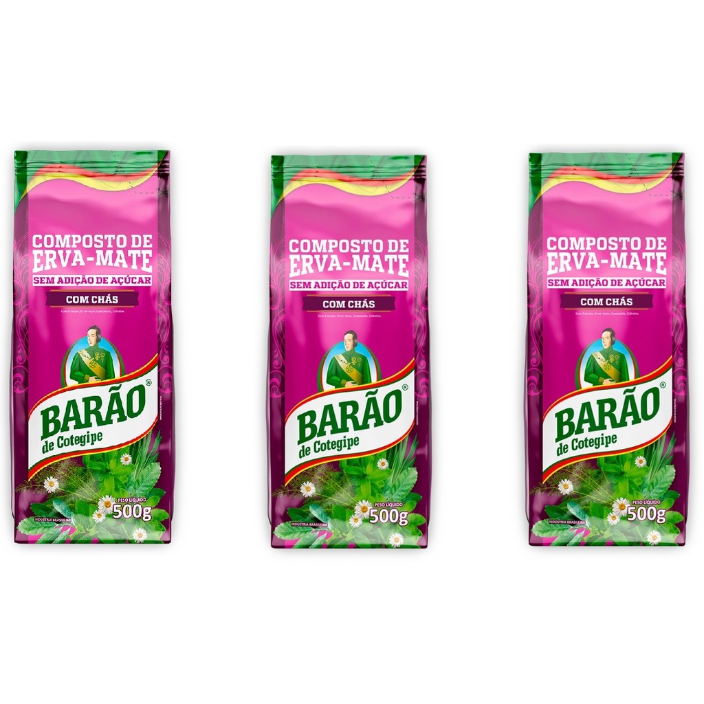 Kit 03 pacotes Composto  Erva Mate BARÃO Com Chás 500G cada