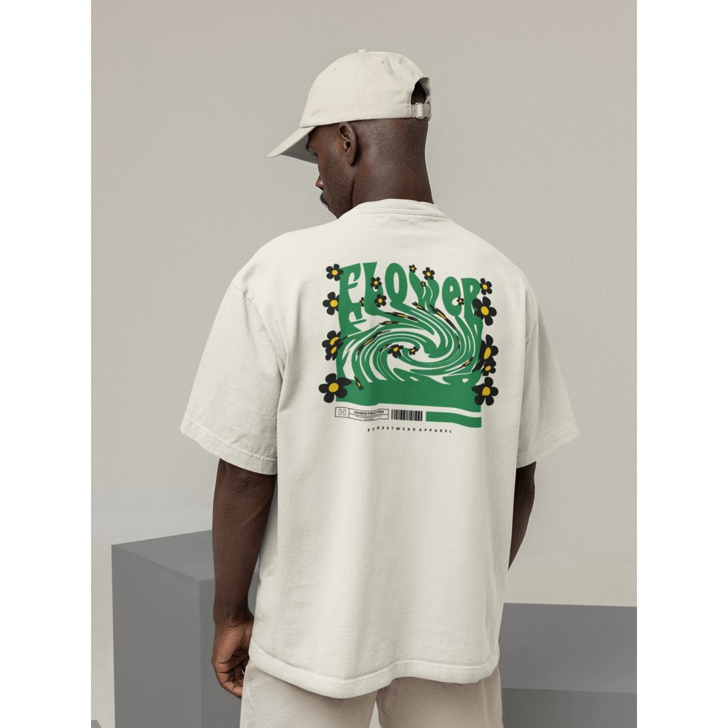 Camisa Camiseta Oversized Gola Alta Streetwear Masculino e Feminino 100% Algodão Preto e Off Whte Estampado - FLOWER