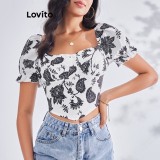 Lovito Blusa Casual com Estampa Floral e Manga Bufante de Gola Quadrada para Mulheres LBE03099 (Preto e Branco)