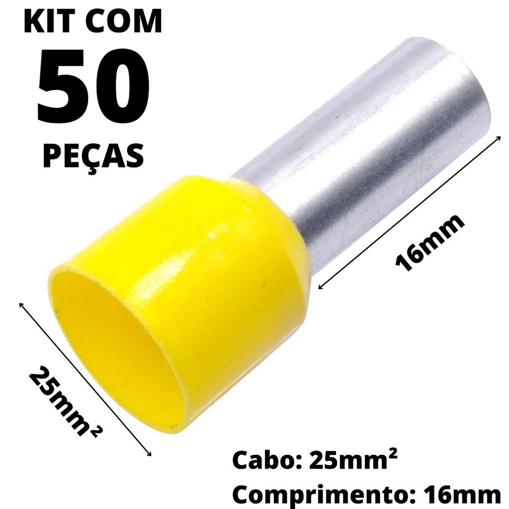 50un Terminal Tubular Ilhós Pré-isolado Simples Para Cabo de 25mm² Metal 16mm Amarelo E25-16