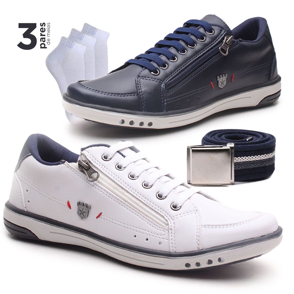 Kit 2 Pares Sapatênis Masculino Calce Facil Tamanho Especial Versales + 1 Cinto + 3 Meias