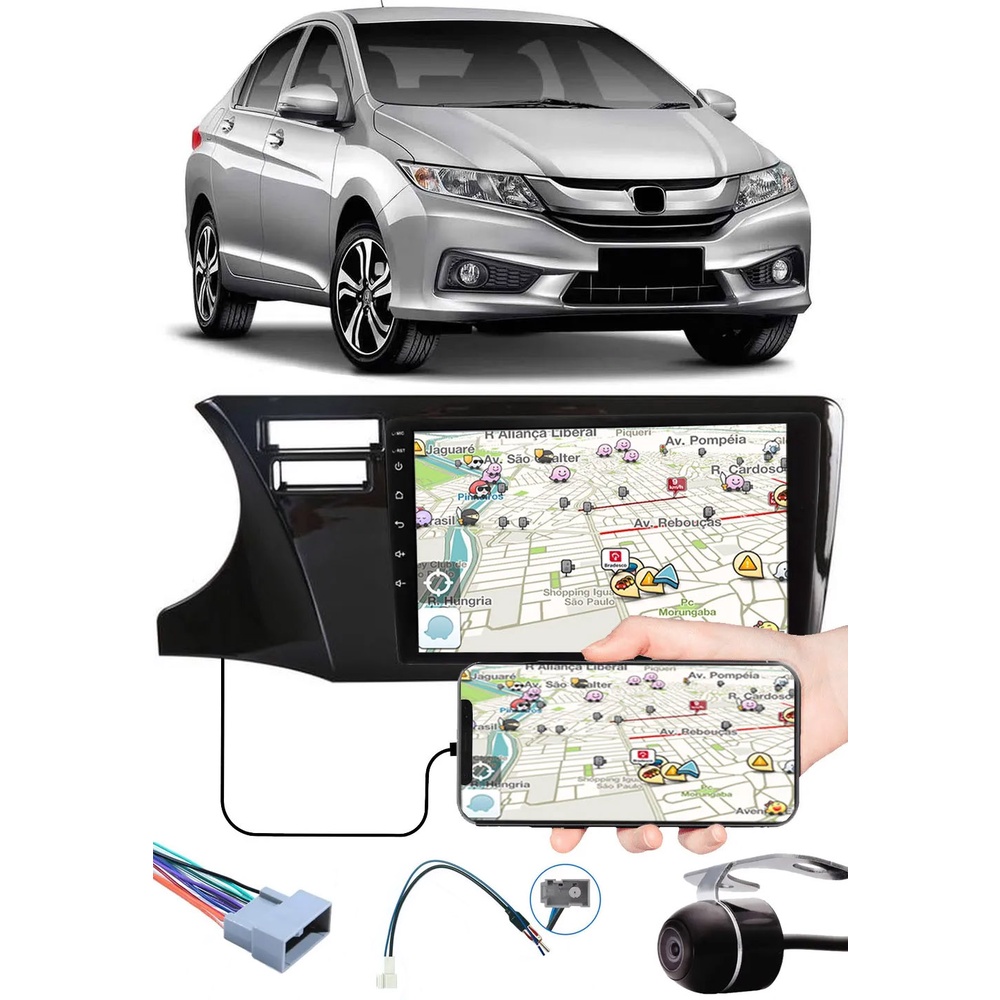 Multimídia 9" Polegadas City 2015 à 2020 USB Bluetooth + Chicotes + Interface Volante + Moldura Painel + Câmera de Ré