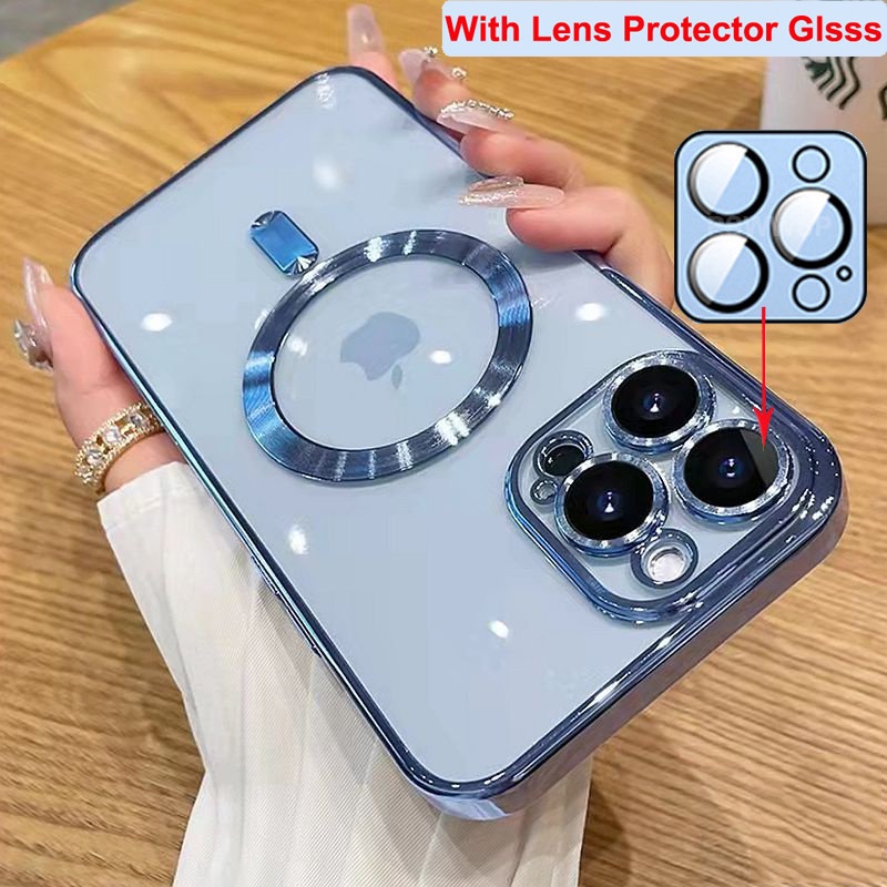 Capa Magnética Transparente Luxuosa Para Carregamento Magsafe iPhone 16 15 14 13 12 11 Pro Max Revestimento De Silicone