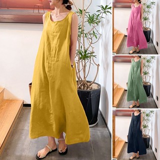 Novo Estilo Europeu Americano de Verão Versão Longa de Linho de Algodão Sling Estilo Simples Estilo de Bolso Solto Pescoço Redondo Temperamento Vestido sem mangas Mulheres