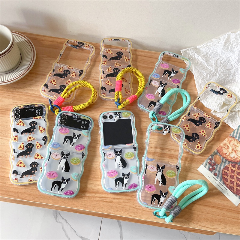 Caixa Fofa Para Samsung Galaxy Z Flip 5 Cartoon Design Wavy Edge Dog Flip5 5 Lanyard Phone