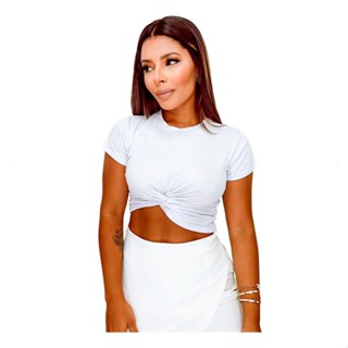Blusa cropped nozinho manga curta tecido viscolaycra feminino