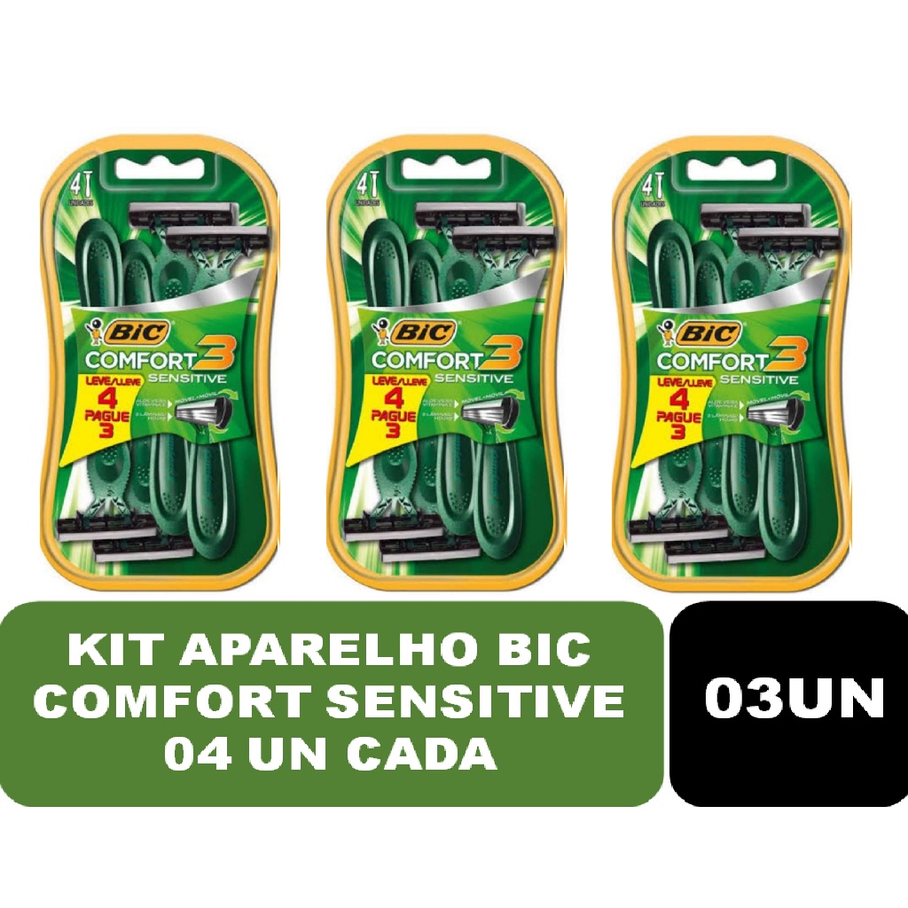 Kit 03UN Aparelhos de Barbear BIC Comfort 3 Advance Sensitive Pele Sensível com 04 unidades cada