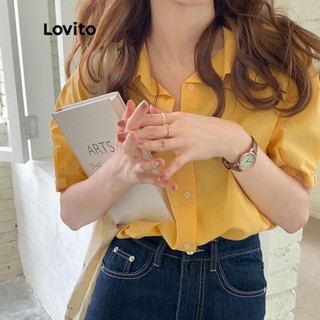 Lovito Blusa Casual Lisa com Laço e Gola Recortada para Mulheres LNA04034 (Amarelo)