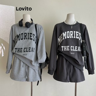 Lovito Casual Conjunto Feminino com Estampa de Texto Colorblock e Shorts de Amarrar LNE29318 (Cinza Claro/Cinza Escuro)