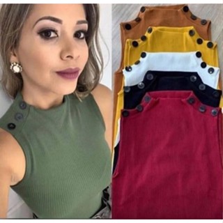 Blusa Blusinha Feminina Regata Gola Golinha Canelada Botão