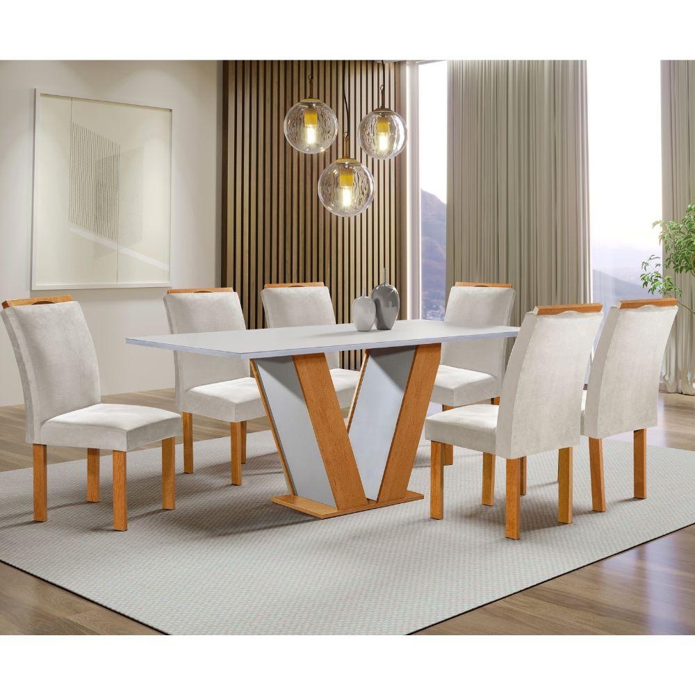 Mesa de Jantar 6 Cadeiras Tampo de Vidro Cinamomo/Off White em Oferta na Shopee