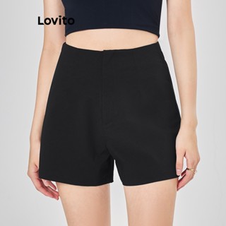 Lovito Elegante Shorts Feminino Liso Básico Alinhado L68ED225 (Preto)
