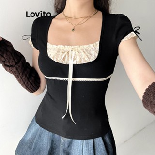 Lovito Camiseta Casual Patchwork Renda Falsa 2 Em 1 Para Mulheres LNE36067 (Preto E Branco)
