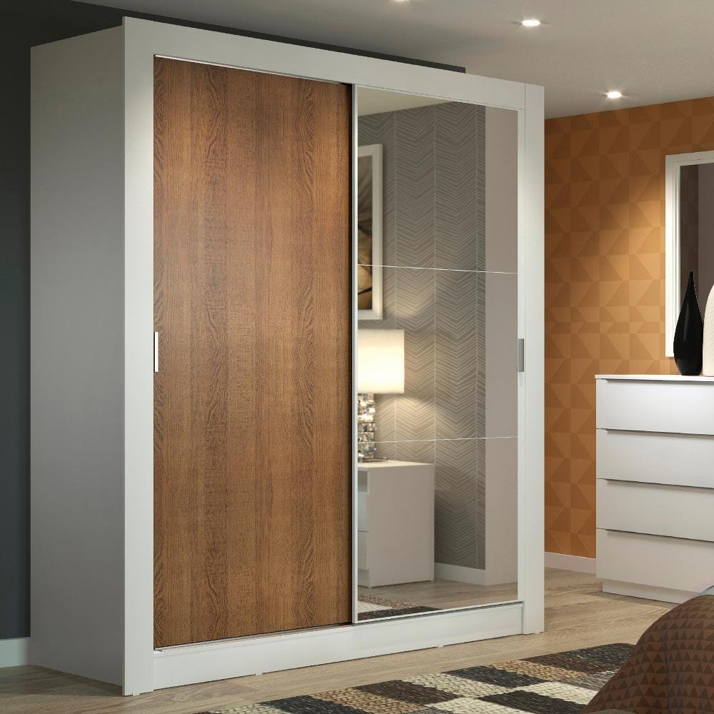 Guarda-Roupa Solteiro Madesa Dallas 2 Portas de Correr com Espelho 2 Gavetas - Branco/Rustic em Oferta na Shopee