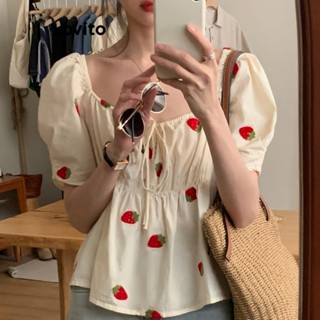 Lovito Casual Blusa Puff Manga com Laço Frontal e Decote Quadrado para Mulheres LNE20176 (Multicolorido)