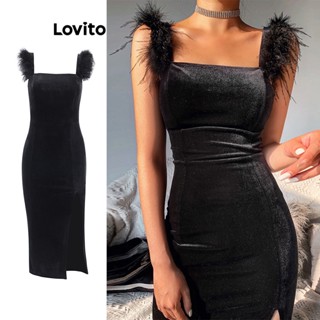 Lovito Vestido Glamouroso De Penas Lisas Para Mulheres LNL36035 (Preto)