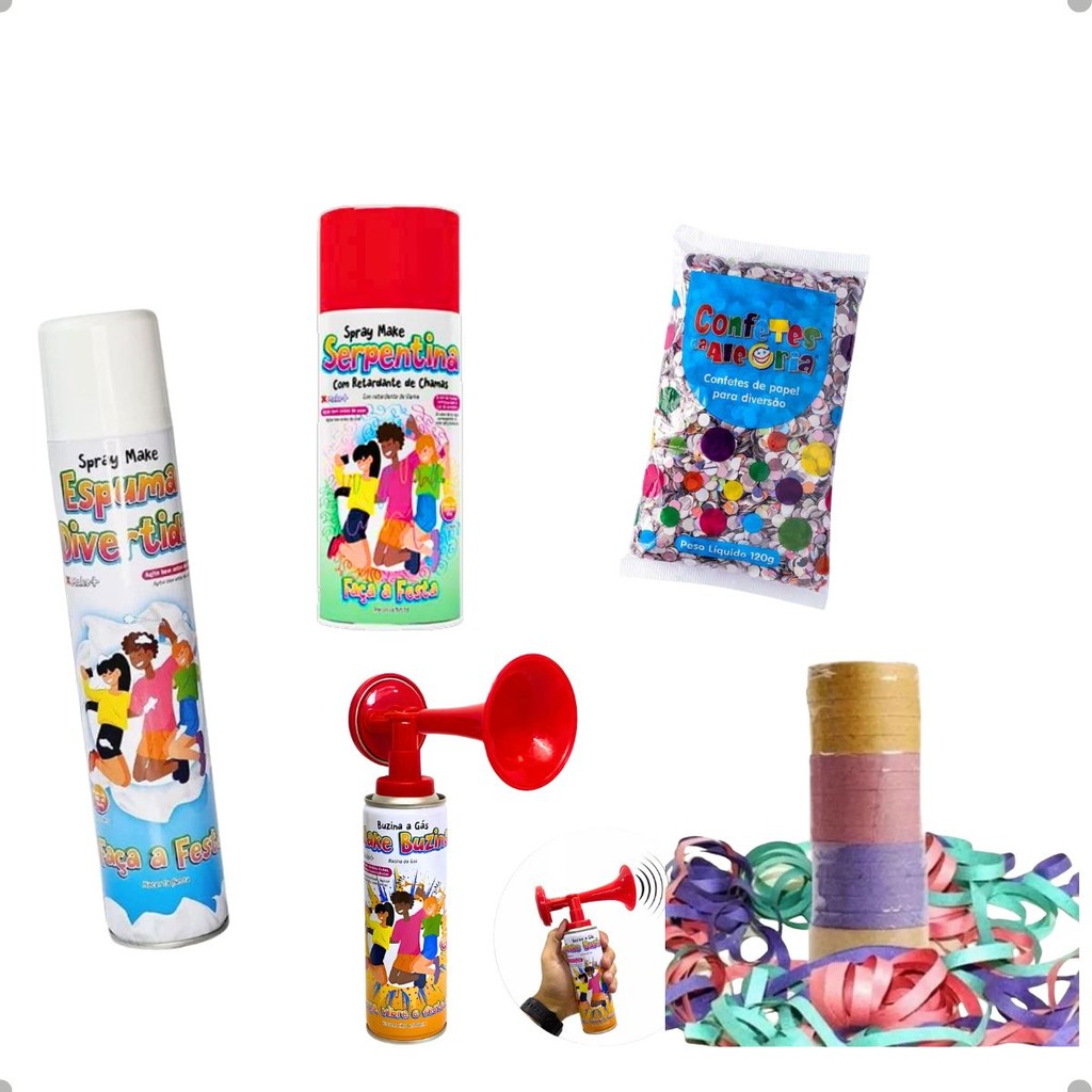 KIT CARNAVA FOMATURA LANÇA ESPUMA CONFETES DE PAPELBUZINA SERPENTINA SPRAY VERMELHO SERPENTINA PAPEL