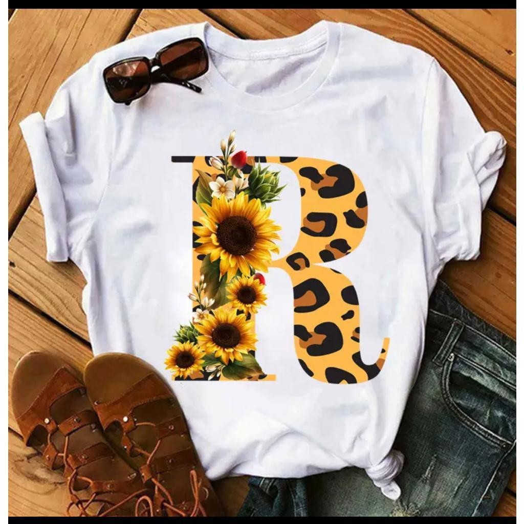 camisa Camiseta Personalizada Letra Alfabeto Girassol em Oferta na Shopee
