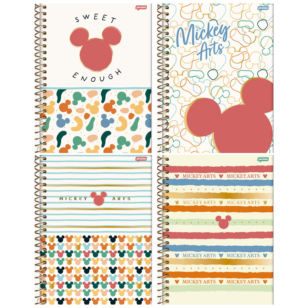 Kit 4 Cadernos Universitário 1 Matéria 80 Folhas Capa Dura 17x24cm Mickey Arts Capas Sortidas - Stationery
