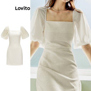 Lovito Vestido Elegante com Manga Bufante e Recortes de Contraste para Mulheres L59ED114 (Branco)