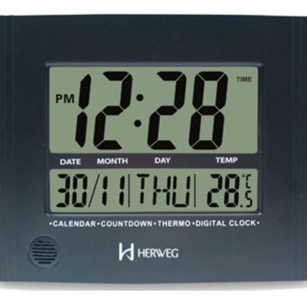 Relógio de Parede ou Mesa Digital LCD Calendário Termômetro Madeira Escura Herweg 6438