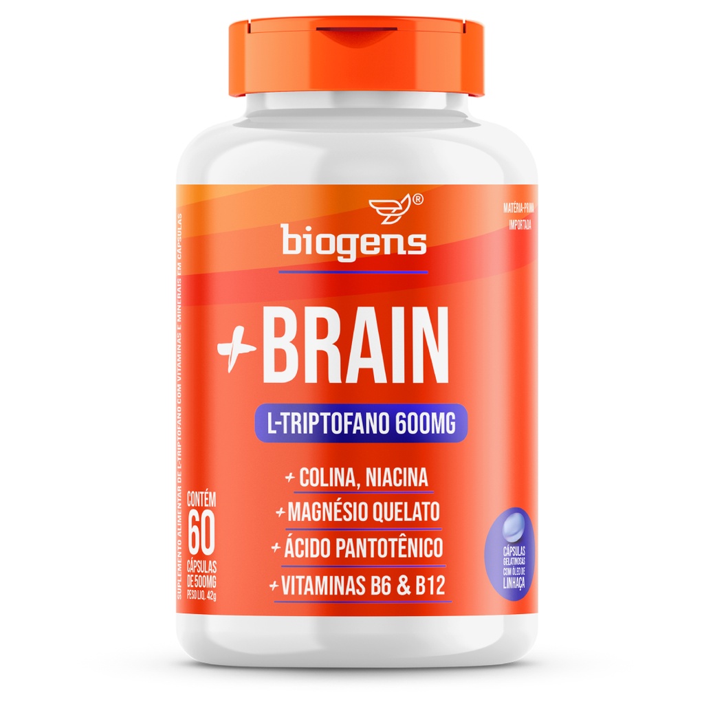 + Brain Triptofano 600mg, 60cps Colina Relax, Foco, Biogens