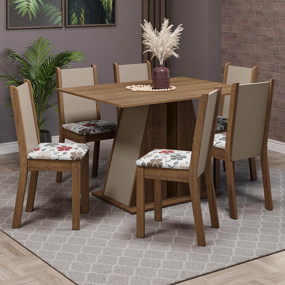 Conjunto Sala de Jantar Mesa Tampo de Madeira 6 Cadeiras Rustic/Crema/Hibiscos Wendy Madesa em Oferta na Shopee