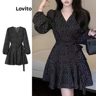 Lovito Casual Vestido Feminino de Bolinhas Cruzado com Manga Bufante LNE27238 (Preto)