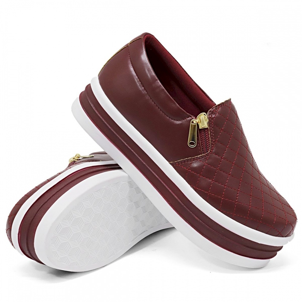 Tênis Feminino Slip On Sola Alta Calce Fácil Zíper Lateral Sapato Feminino Flat form