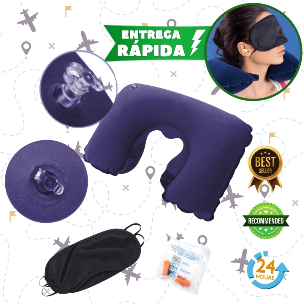 Kit De Viagem Travesseiro Inflável Mascara De Dormir E Protetor Auricular para viajens descanse com tranquilidade no comforto