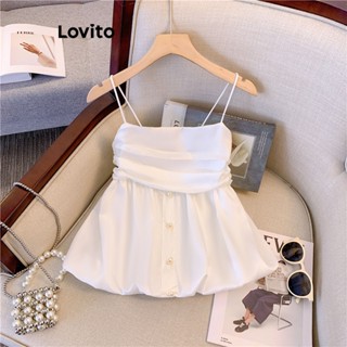 Lovito Casual Blusa Feminina Lisa Franzida com Pérolas e Botão Frontal LNE30053 (Branco)