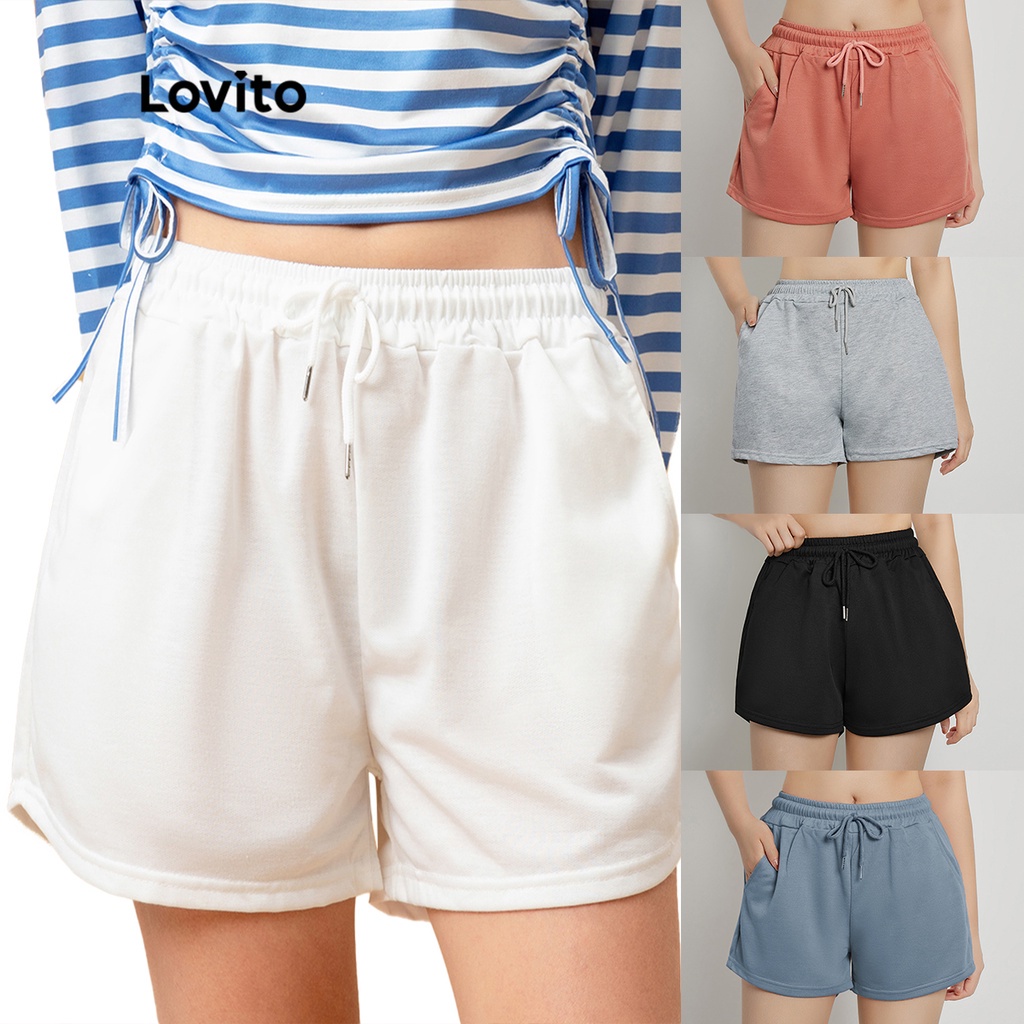 Lovito Shorts Causal Sólido com Cordão L00242 (Branco/Preto/Cinza/Rosa/Azul)