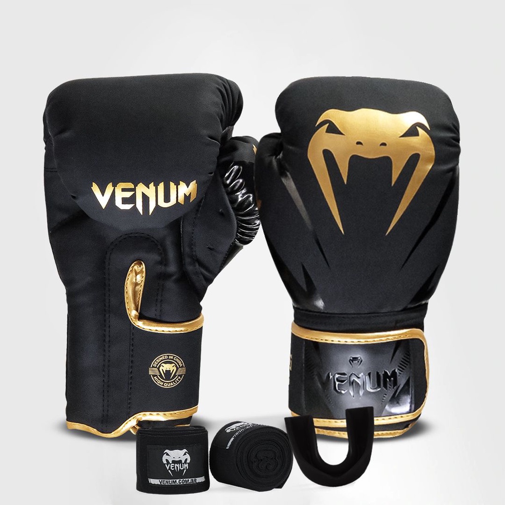 Kit Boxe Muay Thai Venum Kit Luvas + 2M Bandagem + Bucal New Impact Evo Gold em Oferta na Shopee