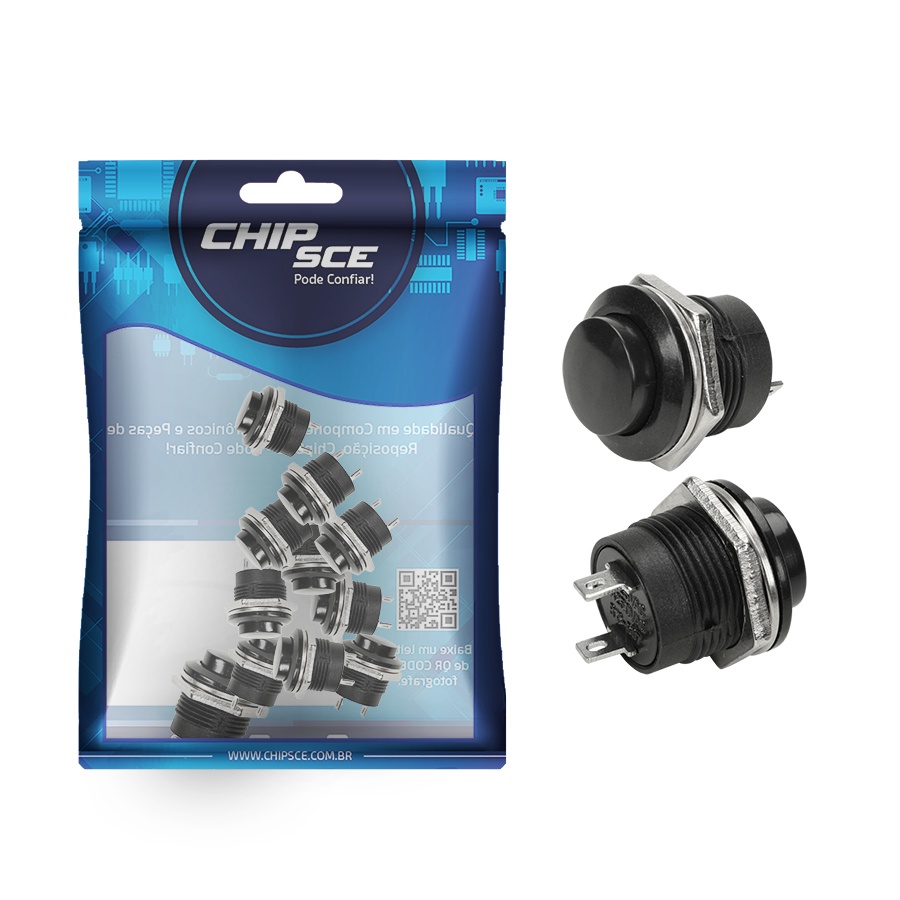 10x Chave Push Button 2 Terminais Sem Trava R13-507 - Preto