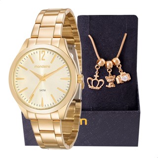 Relógio Feminino Mondaine Dourado Casual Analógico 99230LPMVDE1 Mulher + Pulseira Berloques