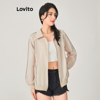 Lovito Casual Casaco Feminino Liso com Fita de Contraste LNE29371 (Branco)