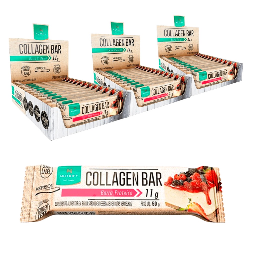 Kit 3 Display Caixas Colageno Bar Sabor Cheesecake Frutas Vermelhas Natural Vegana 30 Un Nutrify