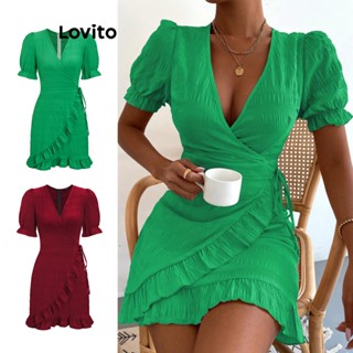 Lovito Vestido com Babado e Amarração para Mulheres LBE04143 (Verde)
