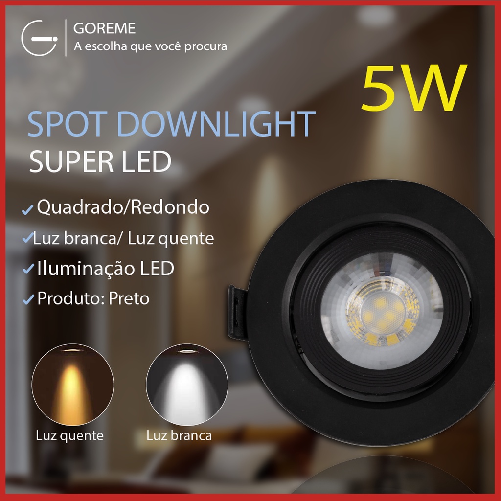 Luminária Spot Led Redondo Direcionável 5W Embutir Gesso Teto Preto |Luz Branca / Luz Amarela Bivolt Spot Super LED