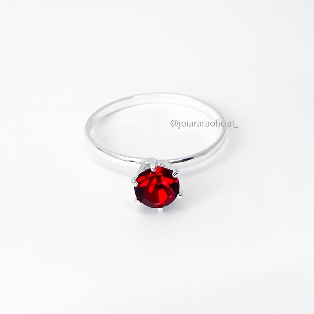 Anel Solitário Feminino com Pedra Vermelha Tonalidade de Rubi Banhado a Prata