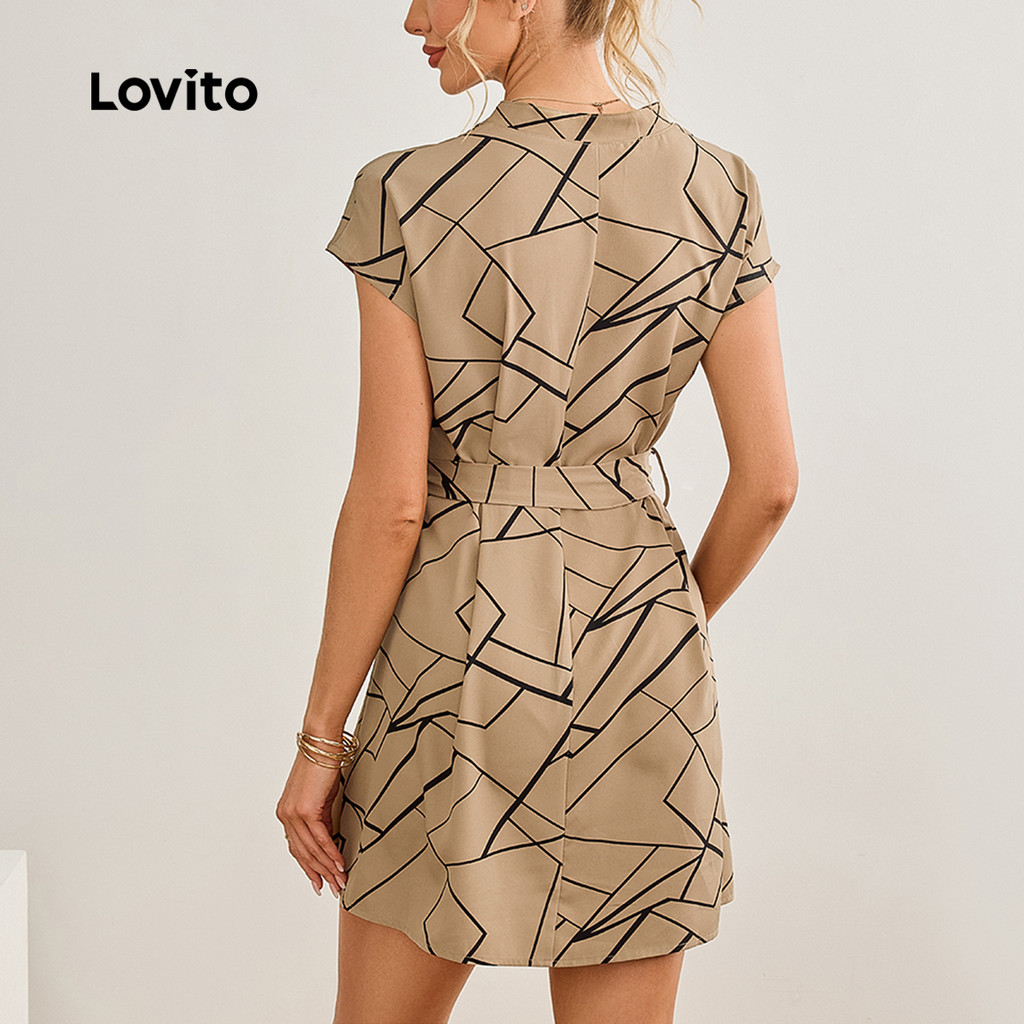 (Trendy) Lovito Vestido Casual Com Estampa Geométrica Vestido Com Cadarço Para Mulheres LBL19035 - Women Clothes