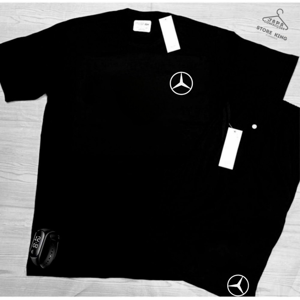 Conjunto Kit camiseta 100% algodão 30,1 bermuda leve para caminhada e academia MERCEDEZ + RELOGIO DIGITAL