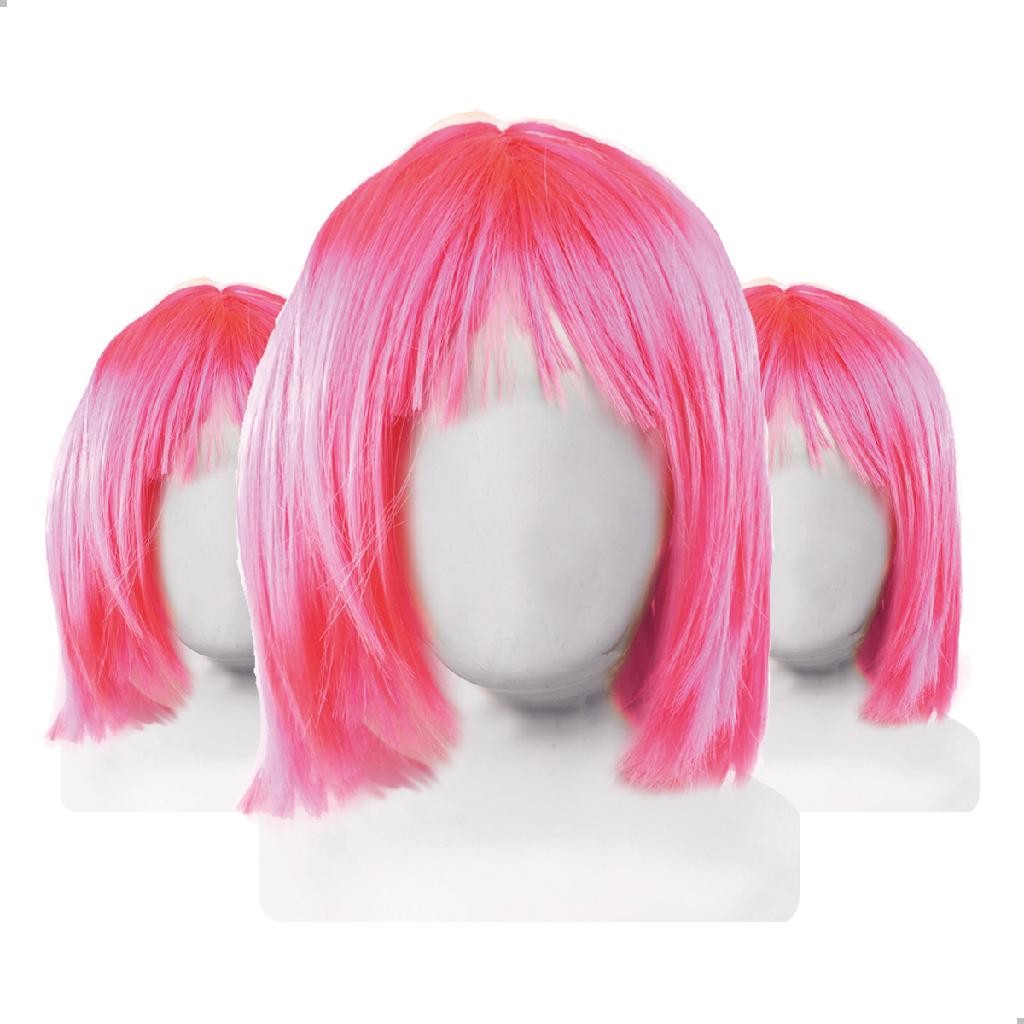 Peruca chanel desfiado fantasia acessório carnaval colorida pink kit 3