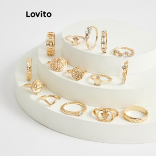 Lovito 15Pçs Casual Conjunto Feminino com Anéis de Metal e Estampa Tribal L63AD032 (Dourado)