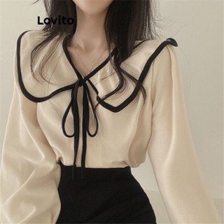 Lovito Casual Blusa Feminina Lisa Amarrada de Manga Bispo com Babados e Fita de Contraste LNE24175 (Off White)