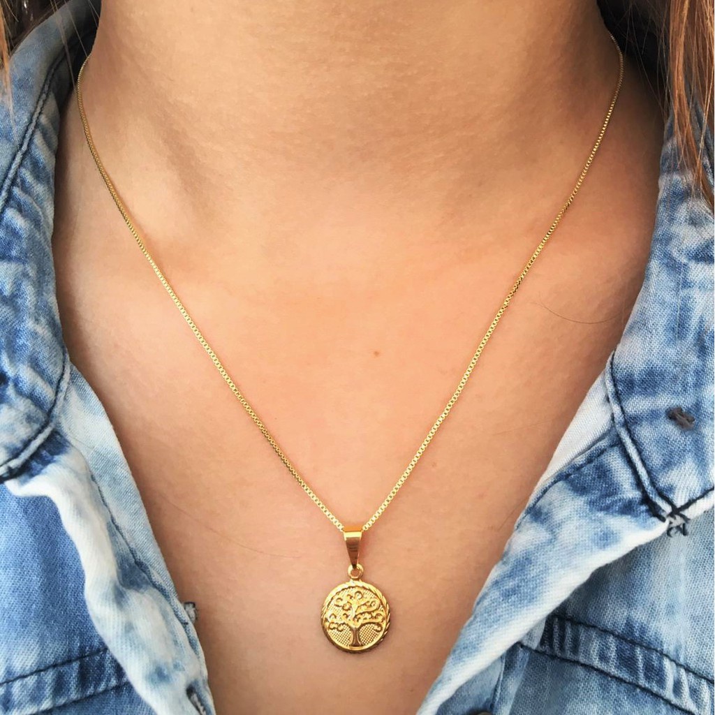 Colar Choker Feminino + Pingente Arvore da Vida  a ouro 18k Corrente Veneziana Feminina  Blogueira Banhado / Ouro 18k / 